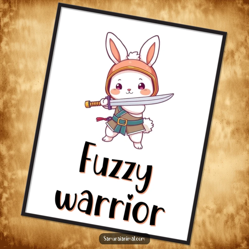 Funny digital art print of a fluffy bunny in a helmet, swinging a noodle sword. Adorable warrior art.
