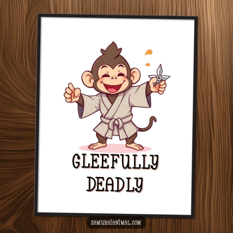 Funny monkey digital art print of a cheerful ninja monkey throwing a shuriken with glee, ready for download.