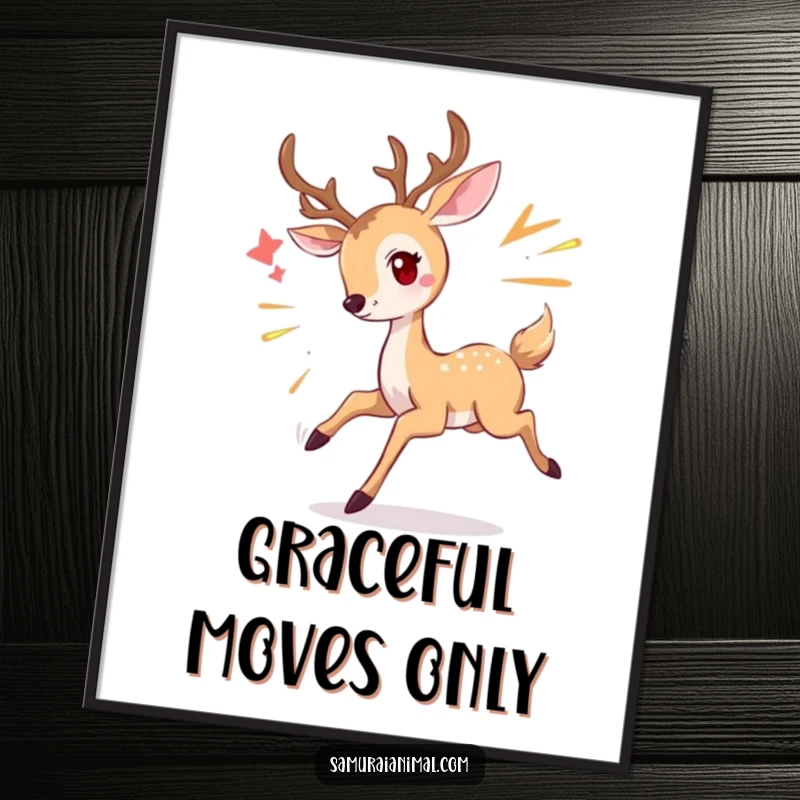 Funny deer digital art print of a graceful deer smiling while dodging, bringing instant whimsical humor.