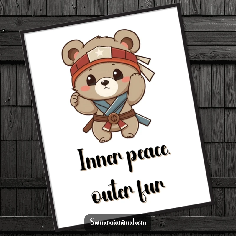 Funny digital art print of a small bear cub adjusting its samurai headband, conveying a sense of funny determination and cuteness.