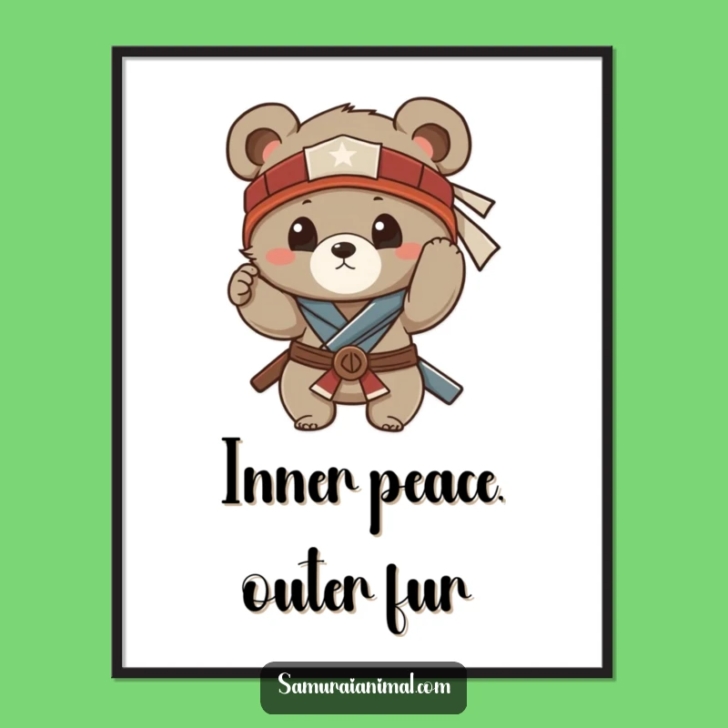 Funny Bear Cub Samurai Digital Art: Instant Humor for Your Walls