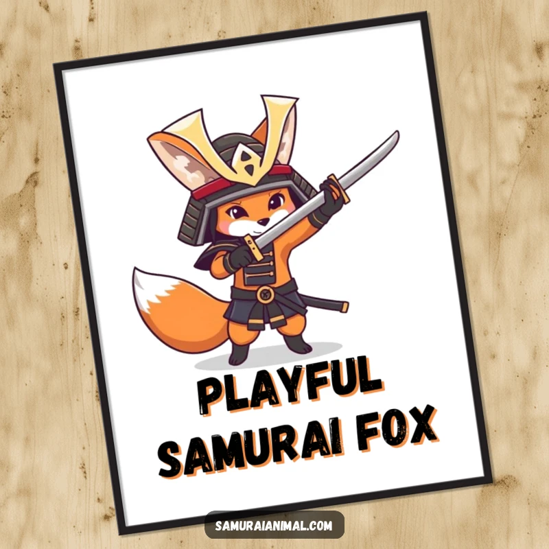 Funny fox character in a samurai helmet playfully practicing sword swings, a dynamic and humorous digital art print.