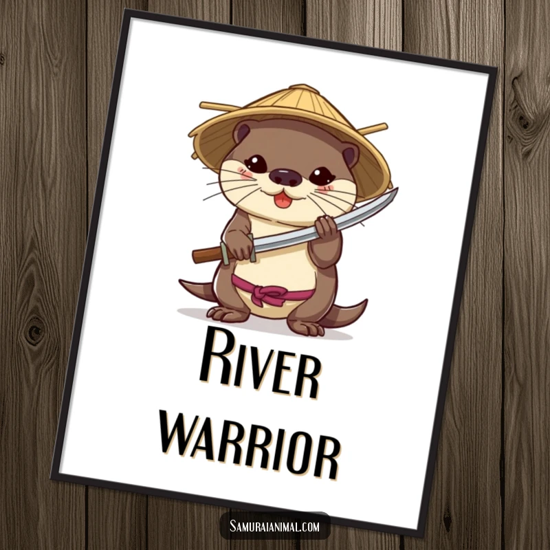 Funny digital art print of a brave otter in a bamboo hat, expertly wielding a miniature katana.