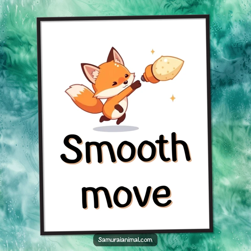 Funny tiny fox artfully dodging an oversized imaginary projectile with swift movement, a humorous digital art print.