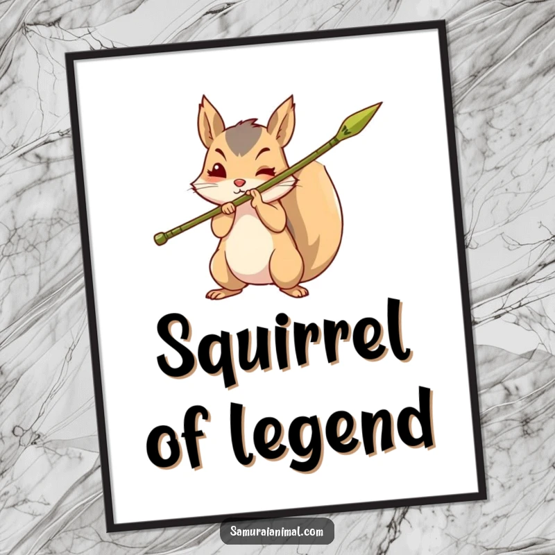 Funny digital art print of a brave squirrel holding a sharpened bamboo spear, ideal for creating an adventurous and spirited atmosphere.