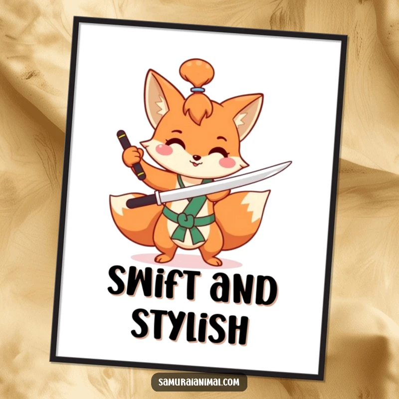 Funny fox digital art print of a mischievous fox with a topknot, happily practicing a sword flourish, ready for download.