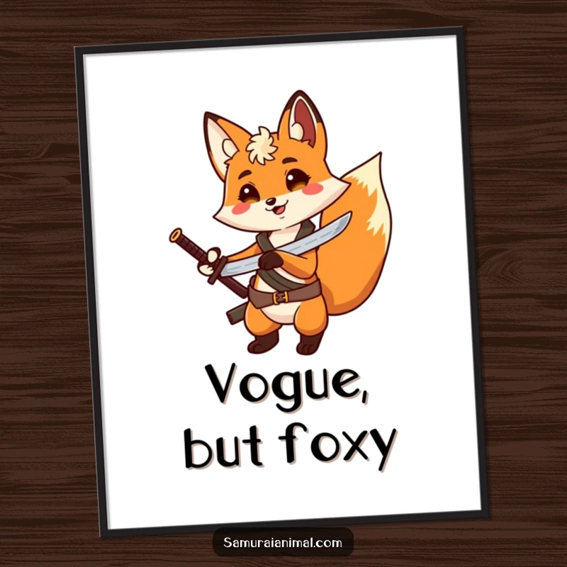 Funny Fox Hero Digital Art Print: Printable art of a cheerful fox with a tiny sword, posing dramatically.