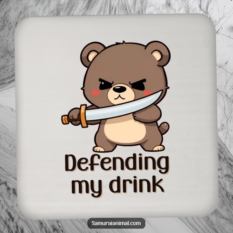 Funny bear sword drink coaster with a determined bear character holding a tiny wooden sword, ready to parry, protecting surfaces.