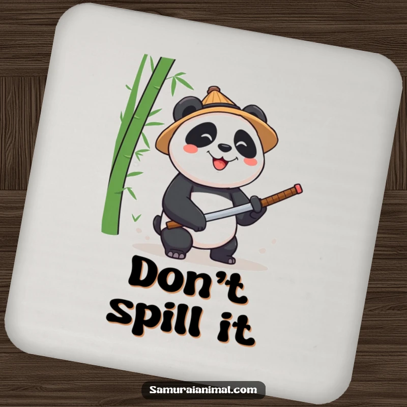 Funny Panda Katana Coaster: A coaster with a smiling panda in a straw hat, chopping bamboo with a miniature katana.