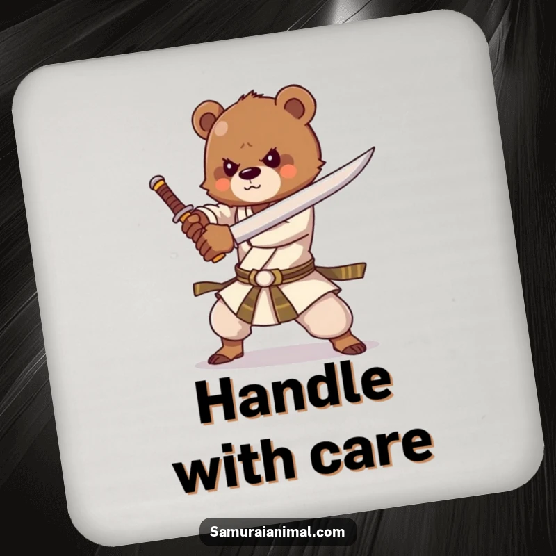 Funny coaster showing a strong bear cub practicing sword forms with enthusiasm, protecting surfaces with cartoon charm.