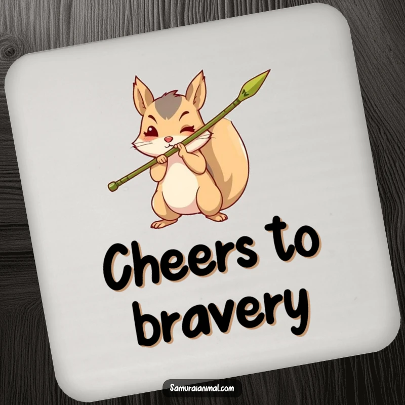 Funny coaster featuring a brave squirrel holding a sharpened bamboo spear, protecting surfaces with adventurous spirit.
