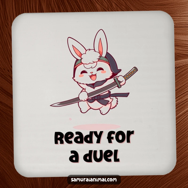 Funny fluffy bunny in a tiny helmet, brandishing cartoon katana, mid-leap, cute warrior drink coaster, protective surface.
