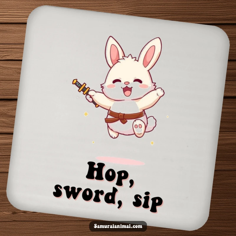 Funny bunny character with a tiny sword performing a mid-air leap, a durable and humorous drink coaster.