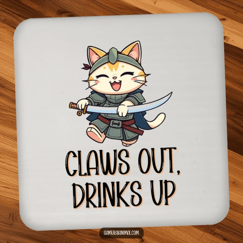 Funny Cat Knight Coaster: A smiling armored cat leaping, katana in paw, ready to guard your drink.