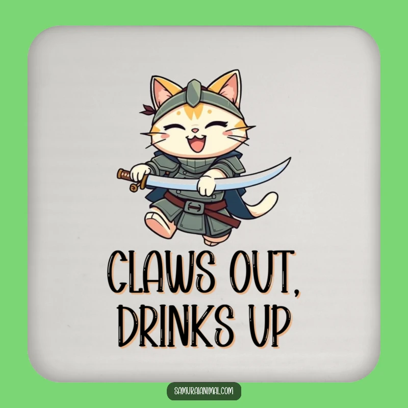 Funny Cat Knight Coaster: Katana Feline Protection for Drinks, Humorous Gift