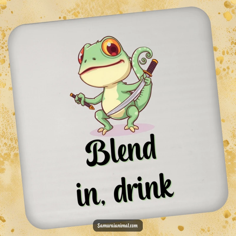 Funny Chameleon Sword Drink Coaster: A joyful chameleon swings a samurai sword, its tail curled, protecting surfaces with fun.