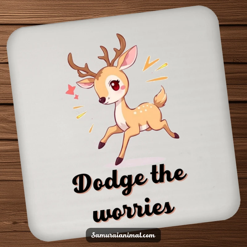 Funny deer coasters featuring a graceful deer smiling and dodging, protecting tables with whimsical humor.