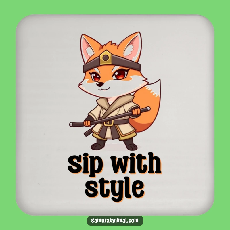 Funny Fox Samurai Coaster: Warrior Pose Protection, Humorous Drink Accessory Gift