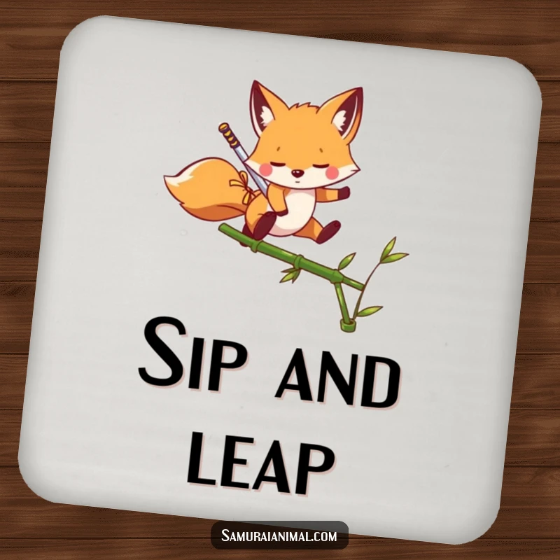Funny Drink Coasters showing a playful fox with a miniature sword leaping over a bamboo shoot, stylish and protective.