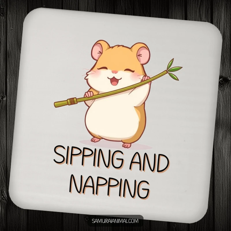 Funny drink coaster depicting a small, sleepy hamster playfully swinging a miniature bamboo staff with a happy expression, ready for action.