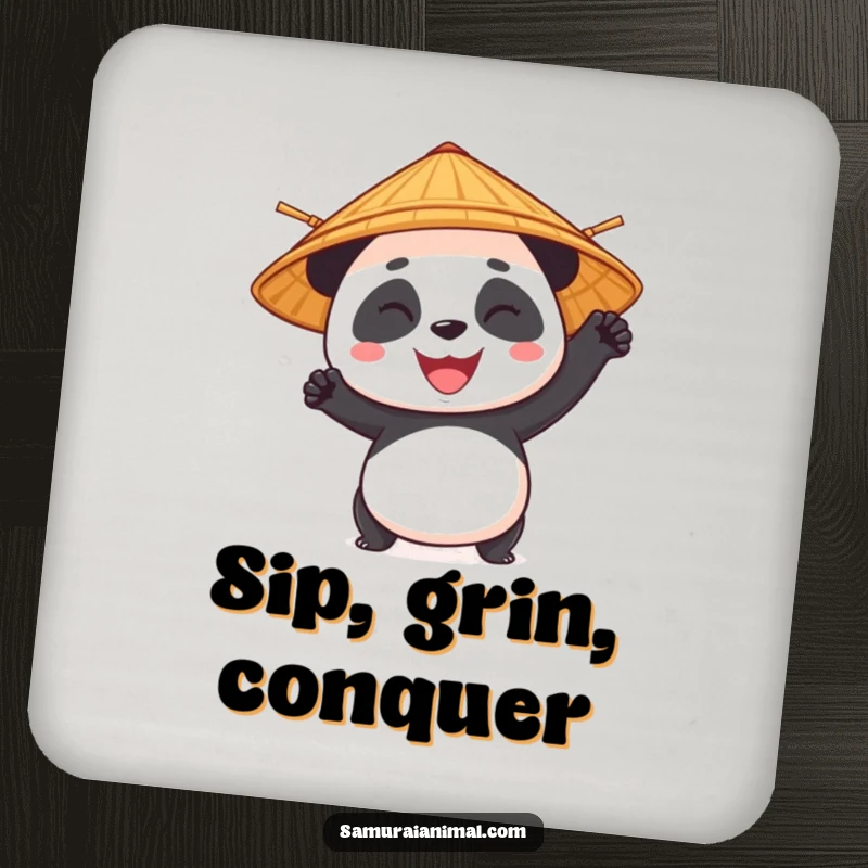 Funny panda character with a bamboo hat in a heroic pose, a durable and humorous drink coaster.