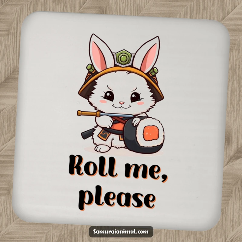 Funny Rabbit Samurai Coaster: A coaster featuring a rabbit samurai in a helmet parrying a sushi roll, protecting surfaces with humor.