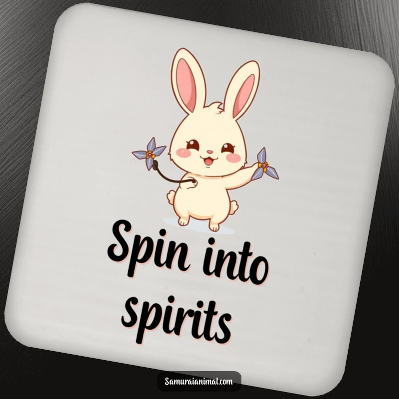 Funny rabbit drink coaster depicting a happy bunny playfully spinning a miniature shuriken with a curious gaze, adding charm.