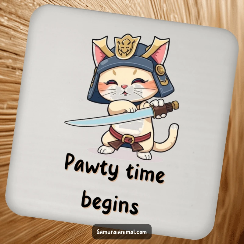 Funny Samurai Cat Coaster: A playful cat samurai in helmet, practicing a sword trick, tail wagging, protecting your surfaces.