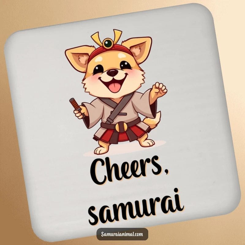 Funny Drink Coasters showing a happy dog in a traditional samurai tunic, striking a playful warrior pose, stylish and protective.