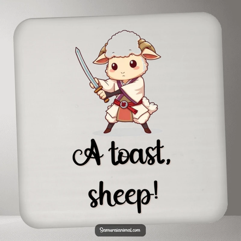 Funny drink coaster showcasing a dignified sheep character executing a graceful sword flourish, protecting furniture with style.
