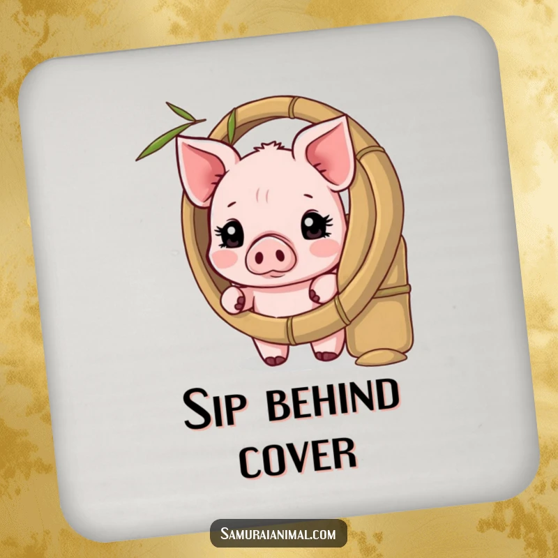 Funny coaster featuring a shy piglet peeking from behind a bamboo shield, protecting surfaces with charming cuteness.