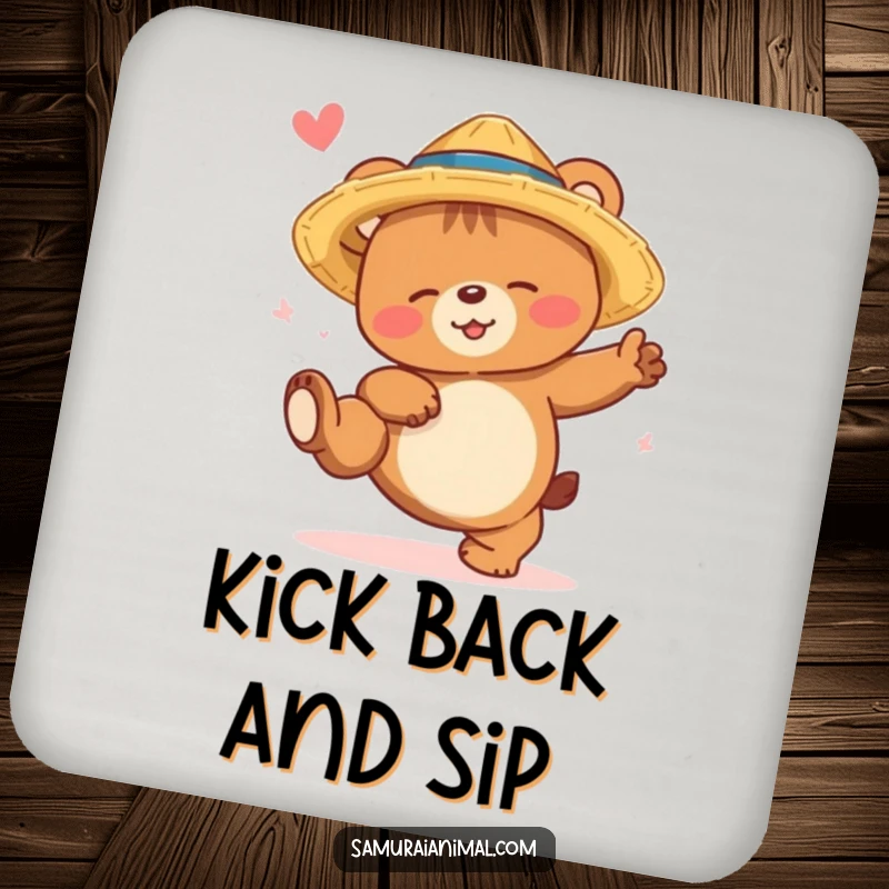 Funny bear cub drink coaster featuring a sleepy bear in a straw hat, smiling while attempting a high kick, for protection.