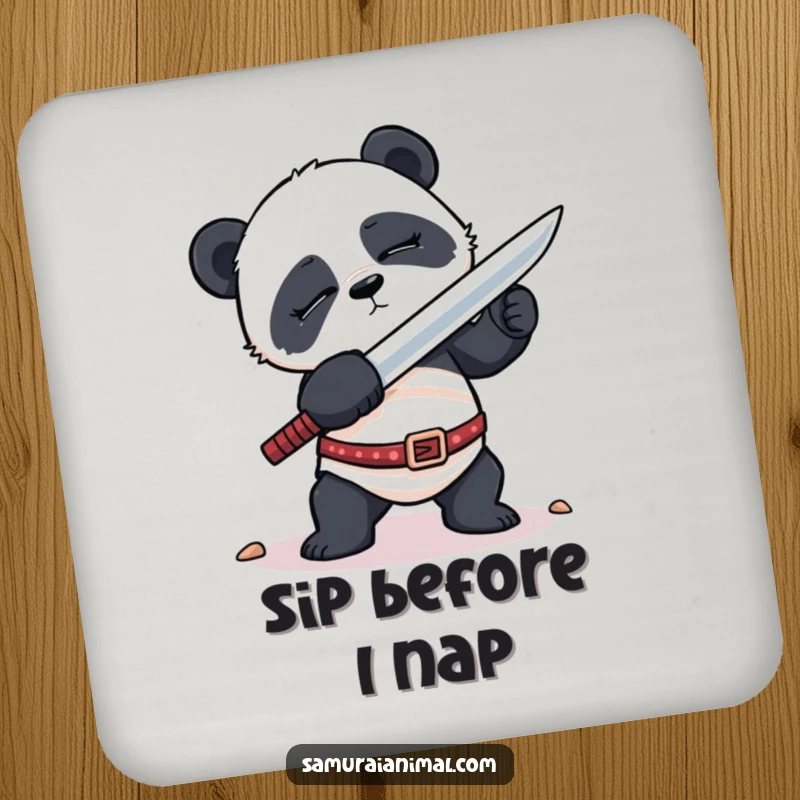 Funny Drink Coasters featuring a sleepy panda awkwardly attempting a sword stance, adding a protective and humorously relatable element to tables.
