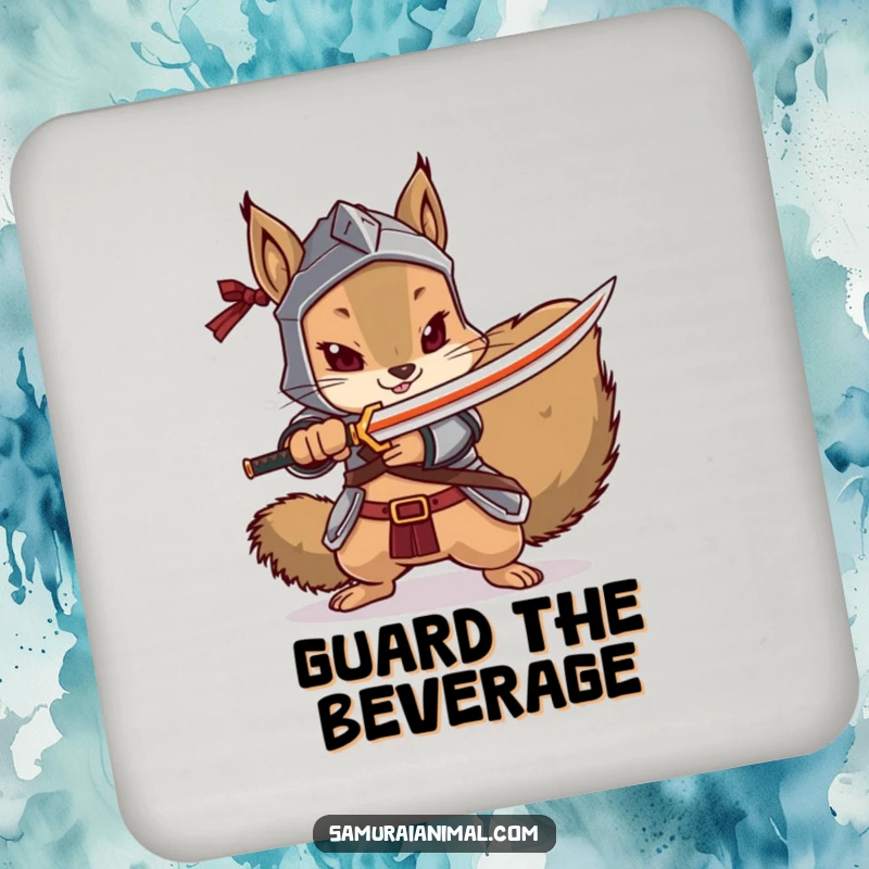 Funny squirrel coasters featuring a squirrel warrior pointing a tiny katana, protecting surfaces with style.