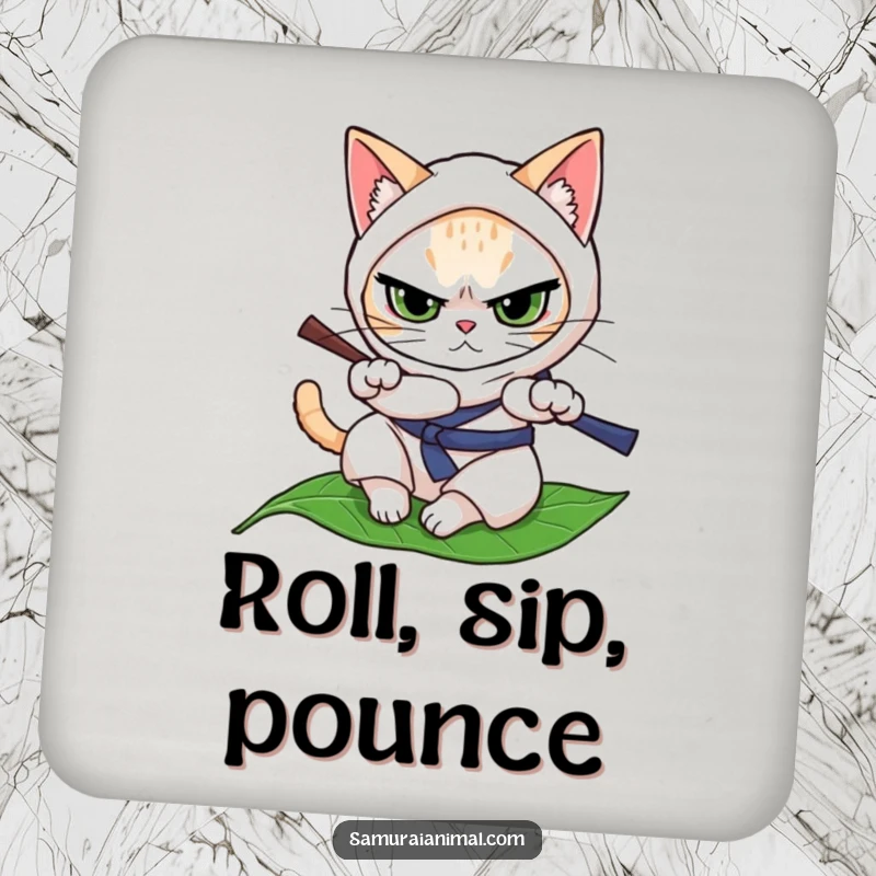 Funny cat character in ninja attire, determinedly rolling on a leaf, a durable and humorous drink coaster.