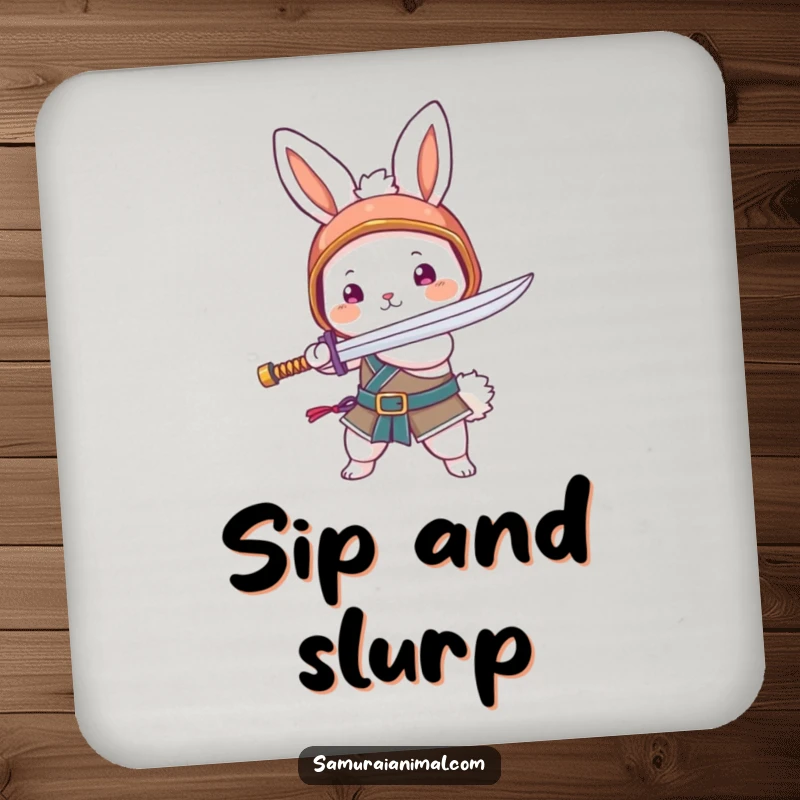 Funny drink coaster with a fluffy bunny in a helmet, wielding a noodle sword. Protects surfaces with warrior charm.