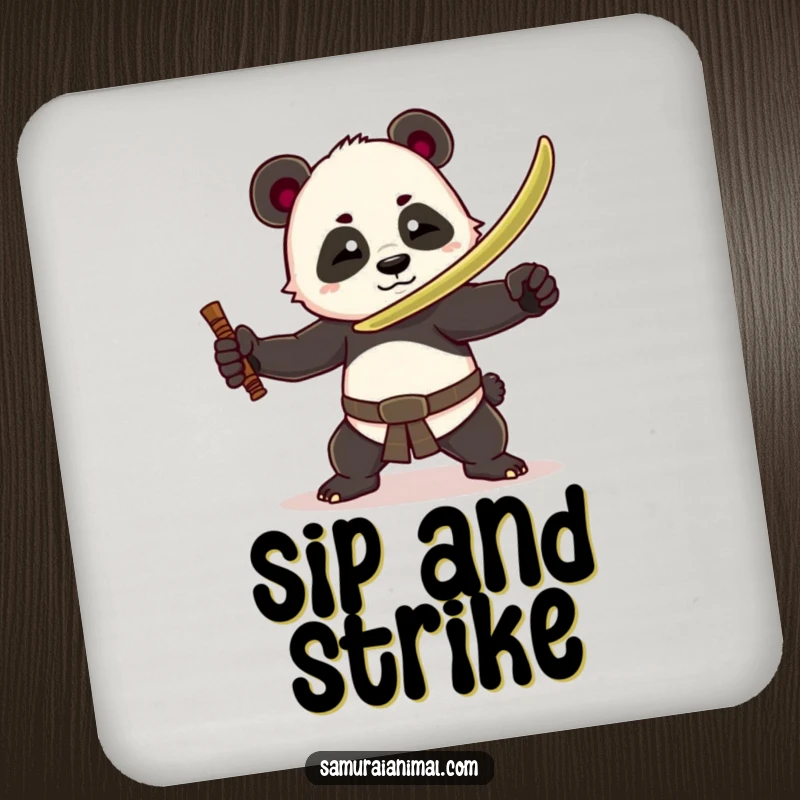 Funny panda warrior coasters featuring a playful panda with a bamboo sword in a dramatic pose, protecting surfaces humorously.