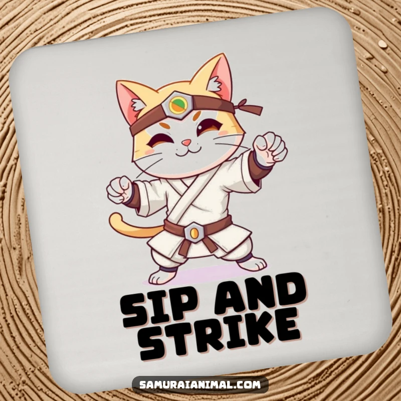 Funny drink coaster showing a cheerful cat in a confident samurai pose, smiling gently, adding warrior flair.