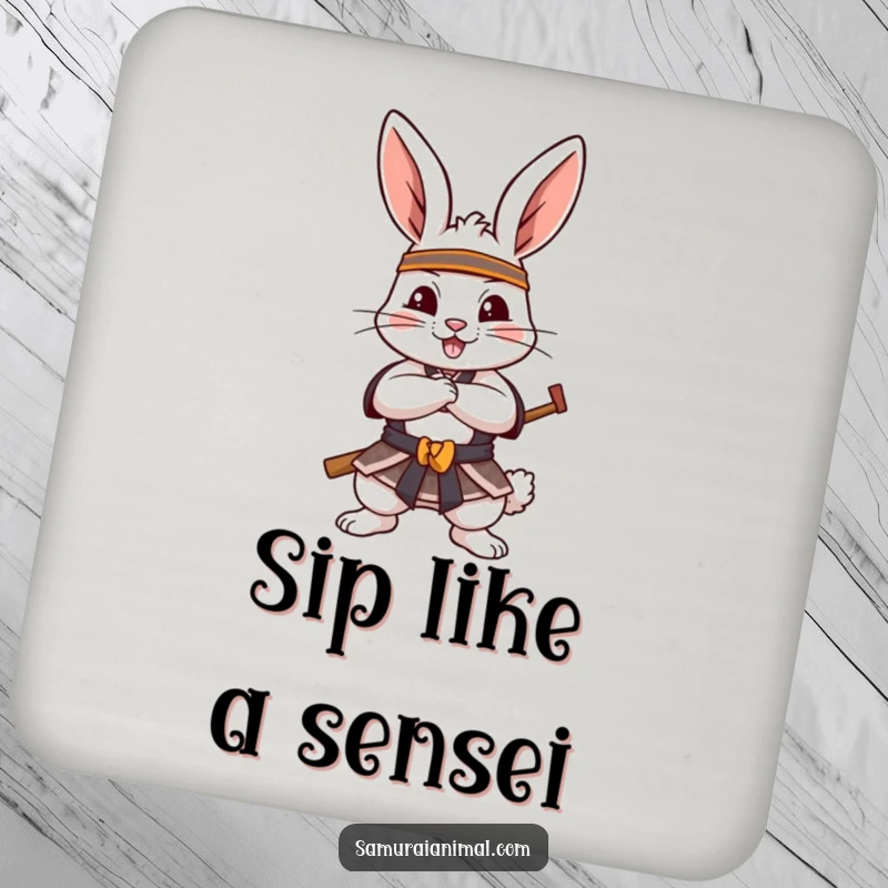 Funny Drink Coasters featuring a cheerful rabbit in a samurai pose, paws crossed, adding a protective and brave element to tables.