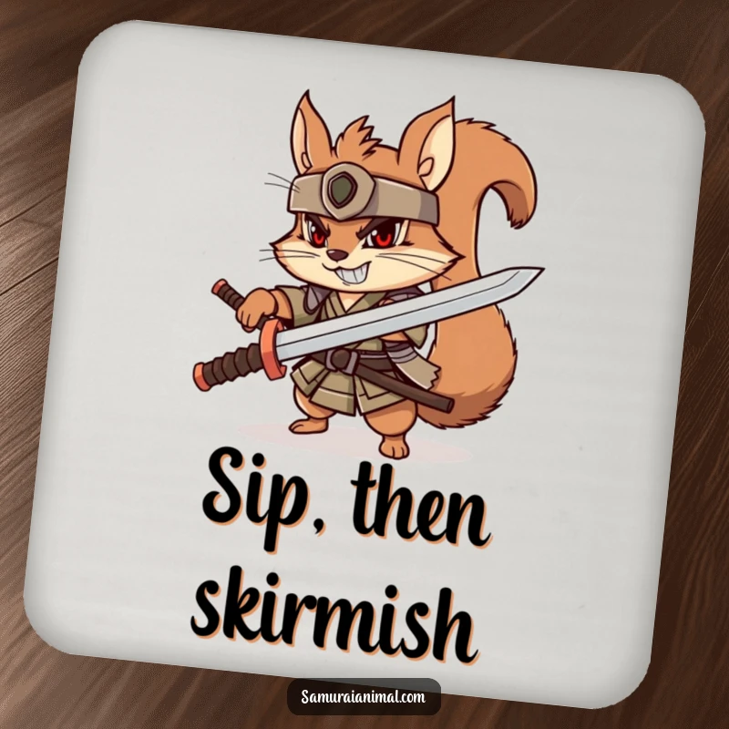 Funny squirrel samurai coaster, playful character with wooden katana, determined grin, cute warrior accessory.