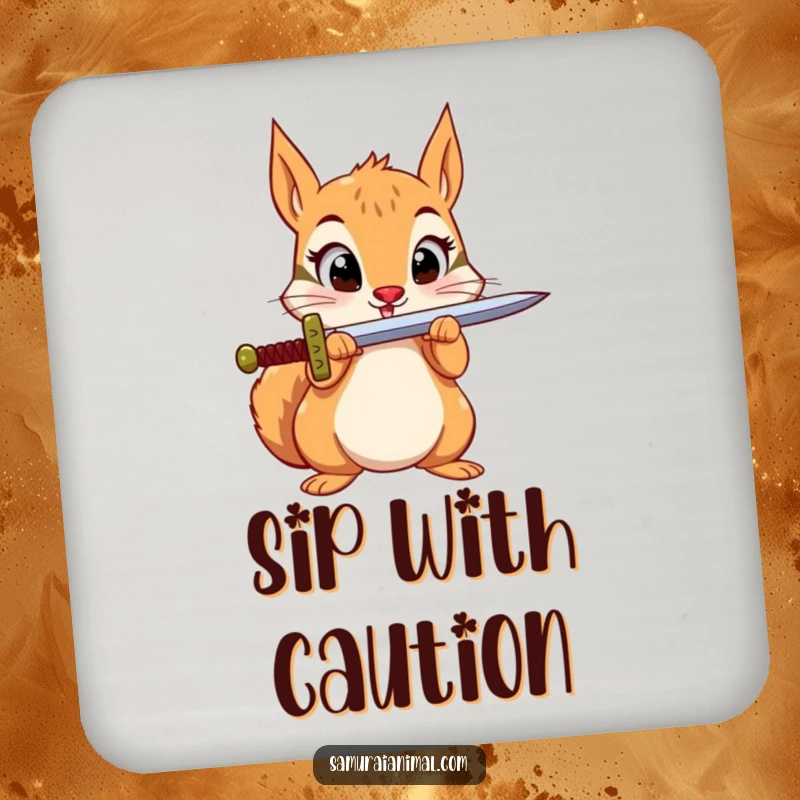 Funny Squirrel Sword Drink Coaster: A small squirrel balances a sword on its nose, protecting surfaces with heroic charm.