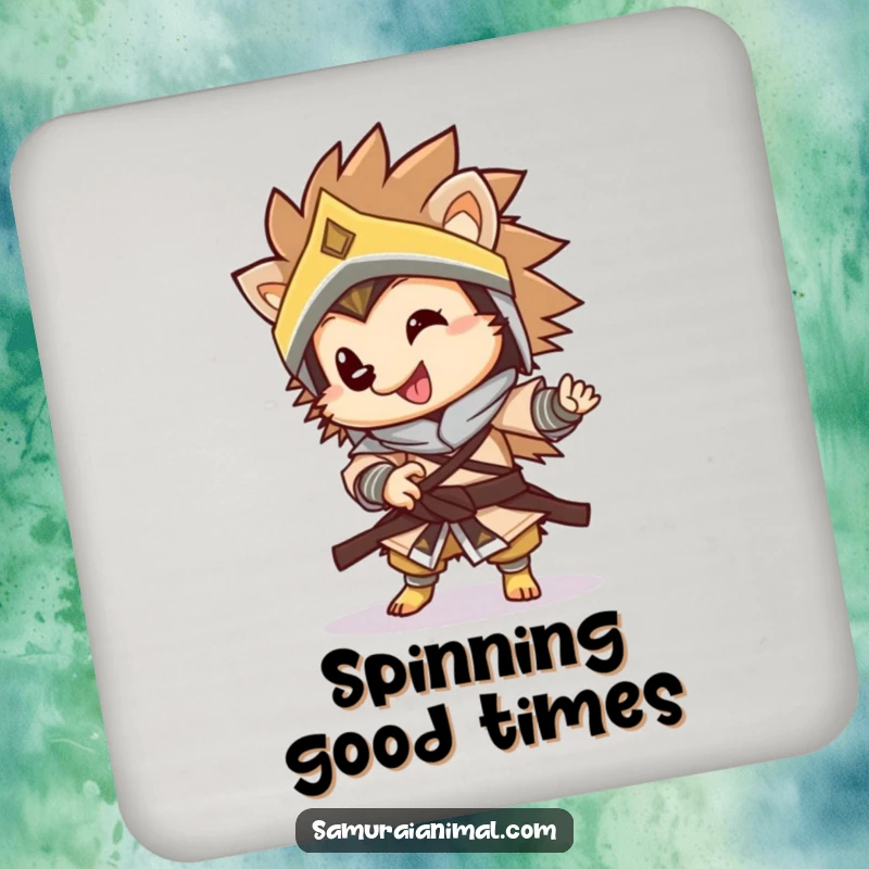 Funny warrior hedgehog coasters showcasing a happy, armored hedgehog in a playful spin, offering humorous protection for beverages.