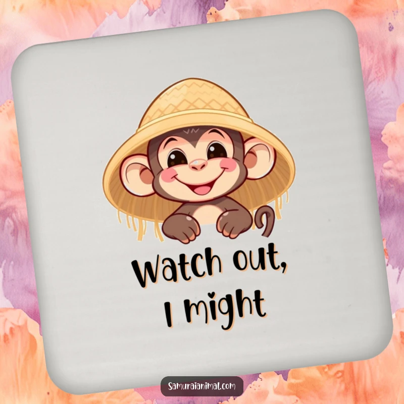 Funny drink coaster with a nimble monkey character grinning and peeking from behind a straw hat, protecting surfaces with charm.