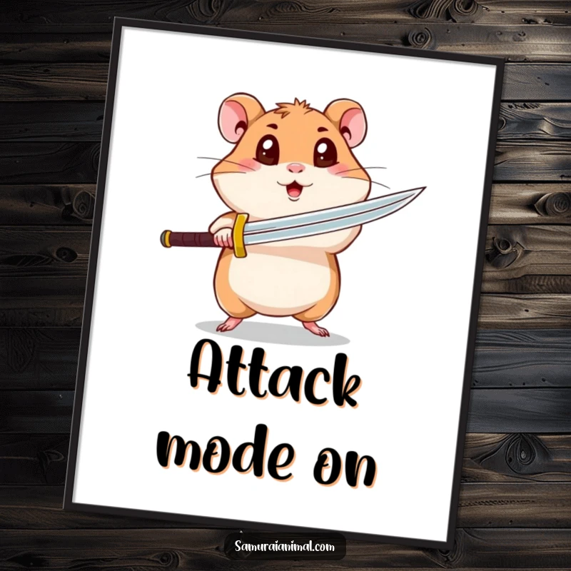 Funny hamster poster depicting a curious hamster with wide eyes executing a dynamic spinning sword attack, adding humor to decor.