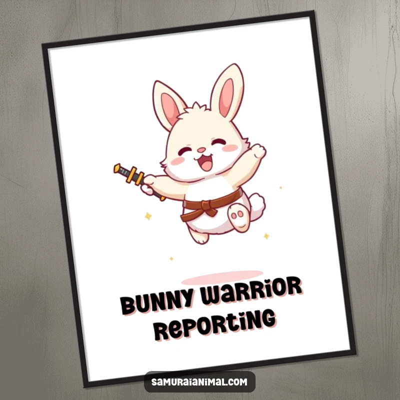Funny fluffy bunny with a tiny sword, captured mid-leap with pure joy, a vibrant and humorous poster.