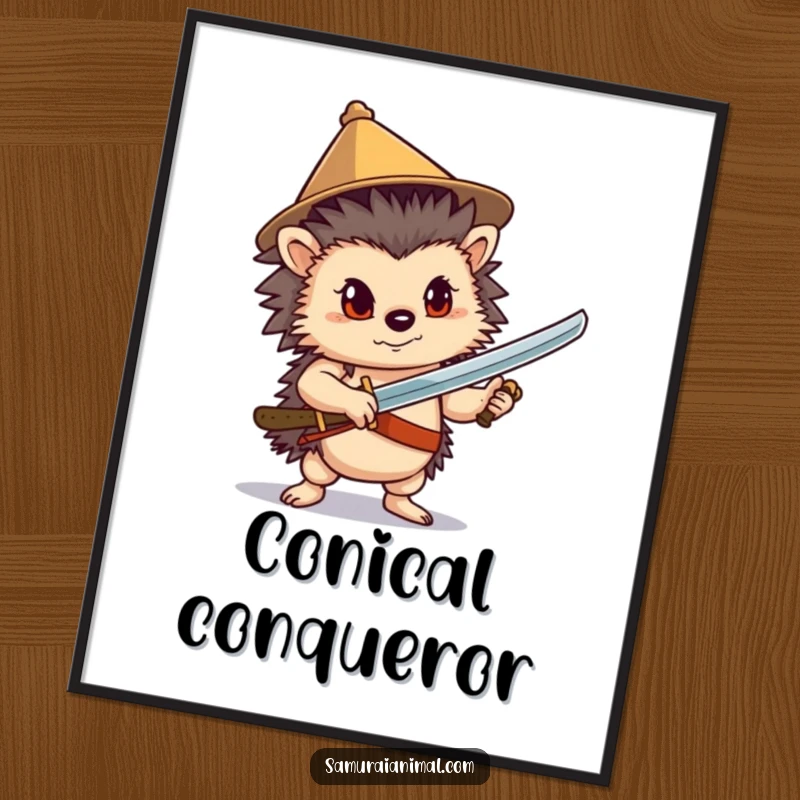 Funny Hedgehog Sword Poster: A confident hedgehog in a conical hat poses heroically with a sword, fantasy wall art.