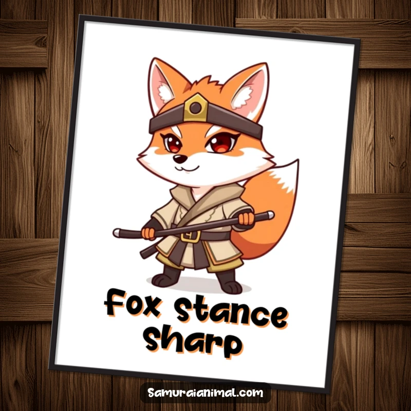 Funny Fox Samurai Poster: A determined fox in a traditional samurai outfit striking a commanding and artistic pose.