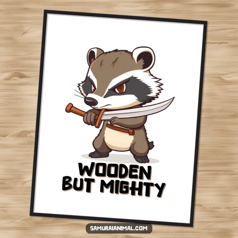 Funny badger poster depicting a determined badger confidently wielding a tiny wooden sword, ready to defend.