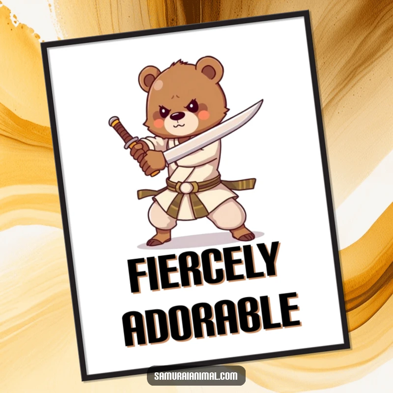 Funny poster featuring a strong bear cub with a sword, practicing martial arts forms with infectious enthusiasm and focus.