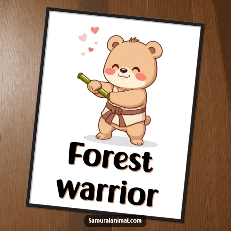 Funny poster art of a happy little bear practicing sword swings with a bamboo stick, embodying martial arts focus and charm.